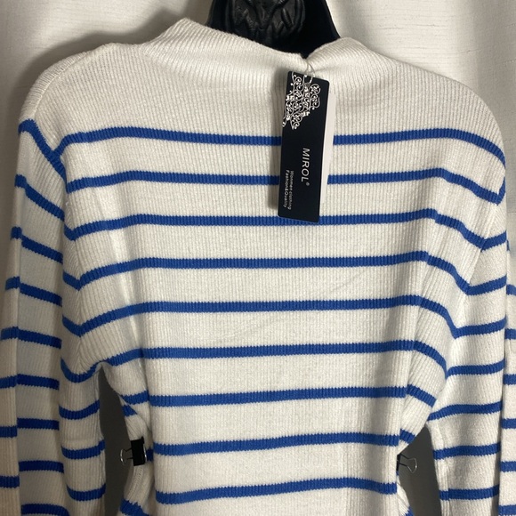 MIROL Mujer Mock Neck Striped Dress Long Puff Sleeve Side Slit Knit Sweater Sz L - Picture 11 of 14